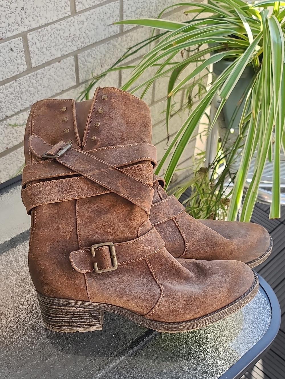 Remonte Distressed Brown Leather Multi Strap Moto Biker Boots Size 40 US 9